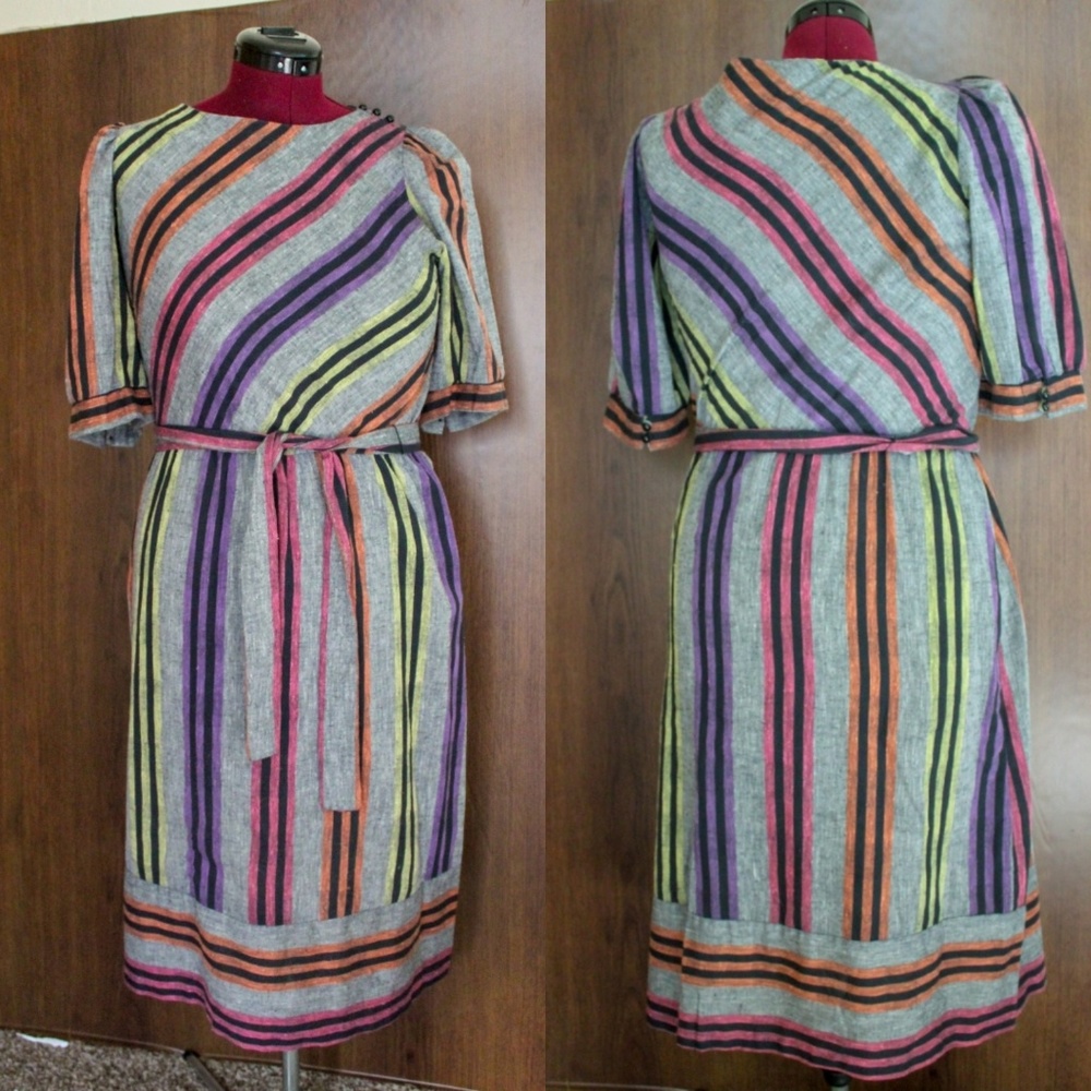 Woven striped belted vintage dress -